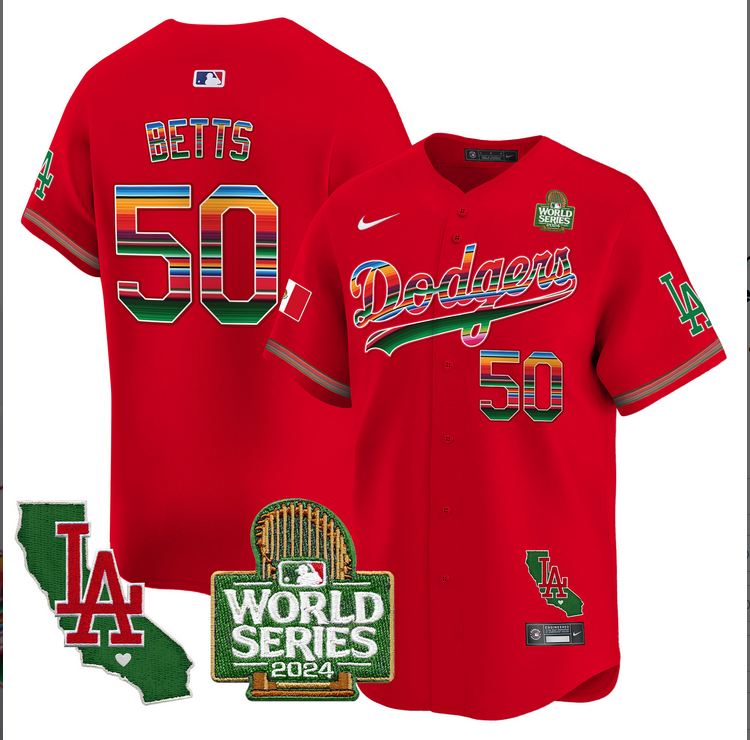 Men MLB Mexico Los Angeles Dodgers #50 betts red 2024 World Series Champions Patch Jersey 2024110